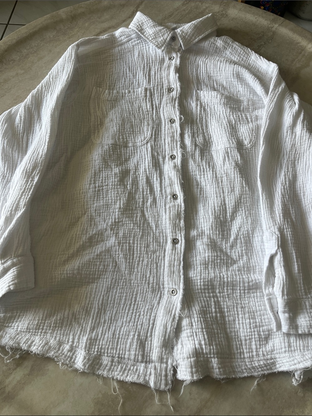 Distressed Cotton White Textured Button-Up Shirt